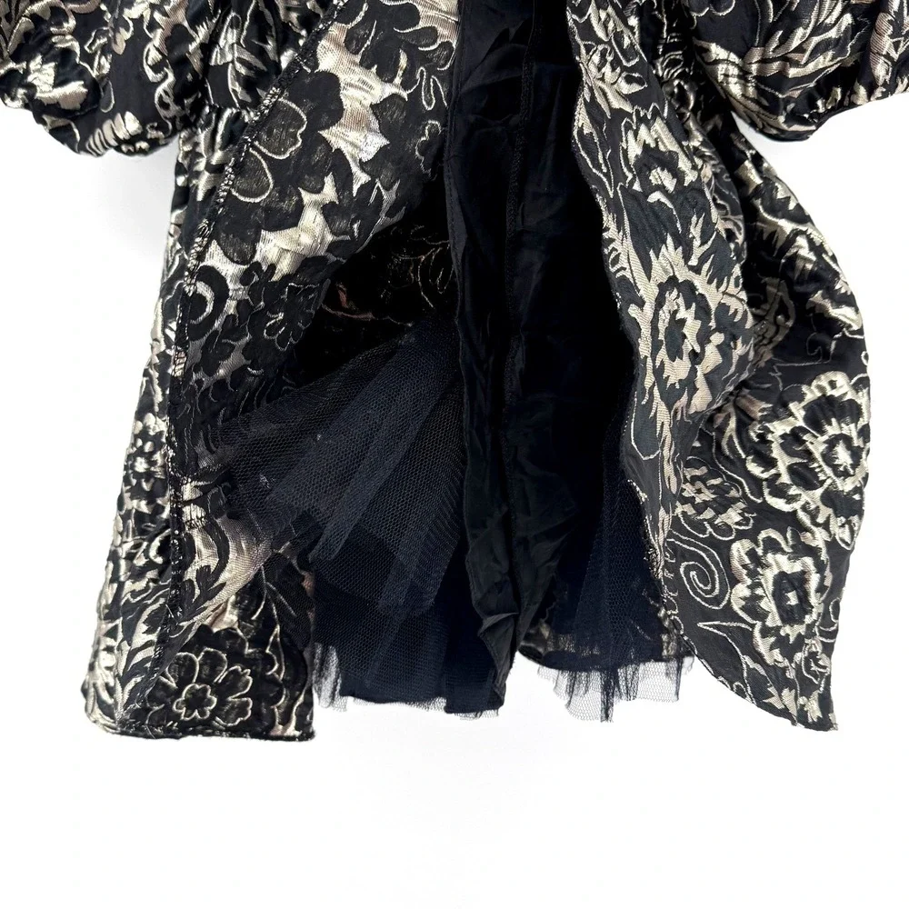 Girls Size 6 Dress Black Gold Silver Brocade Floral Puff Sleeve Holiday Party